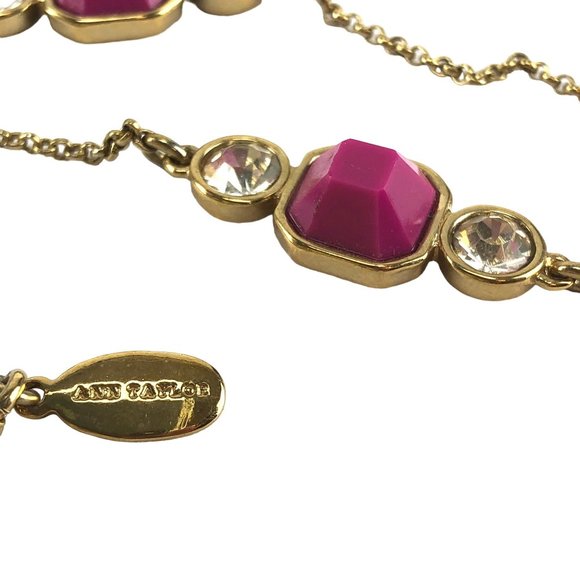 Ann Taylor Long Necklace Gold Tone with Pink Accents and Crystals - Picture 2 of 3